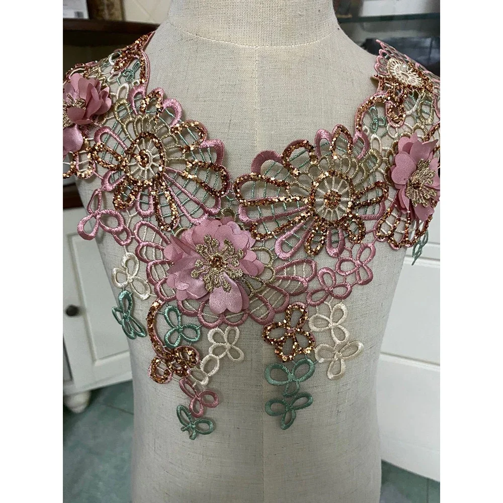 1Pc 3D Embroidered Fabric Sequin Flower Venise Lace Sewing Applique Lace Collar Neckline Ancient Collar Applique Accessories