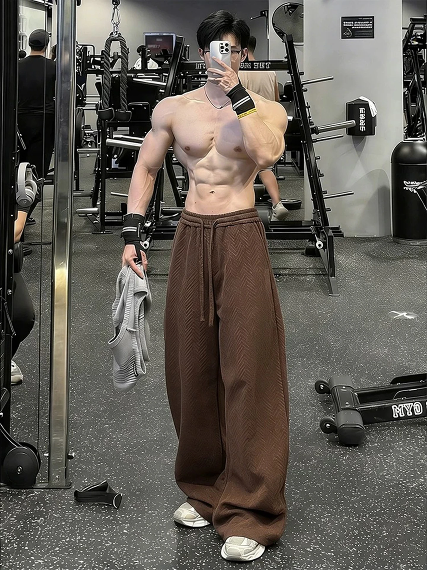 

Men's Brown Fce Lined Casual Fitn Pants Autumn Winter American Sle Trousers with Wheat Spike Pattern Running Sports