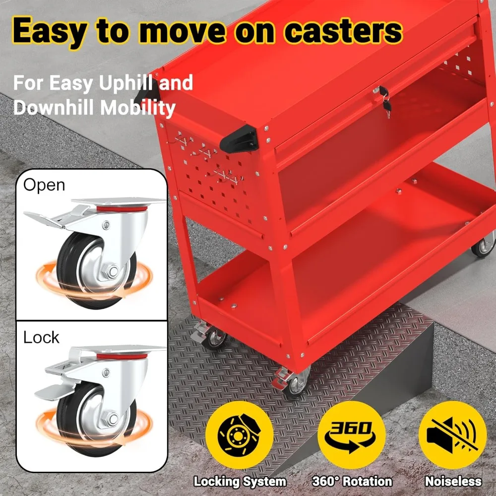 頑丈な3段式ローリングツールカート（引き出し付き）、耐荷重550ポンド、メカニックツール用のペグボードとフック付きユーティリティカート