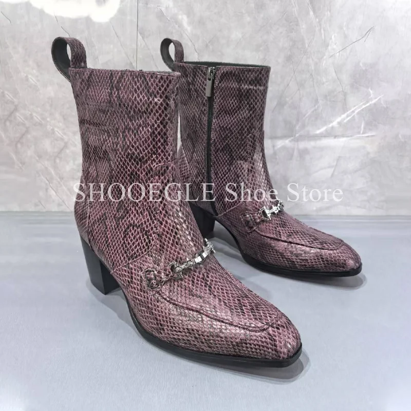 New Small Square Snakeskin Boots for Men Stylish Winter Retro Chain Buckle High-heeled Ankle Boots Casual High-top Men's Shoes