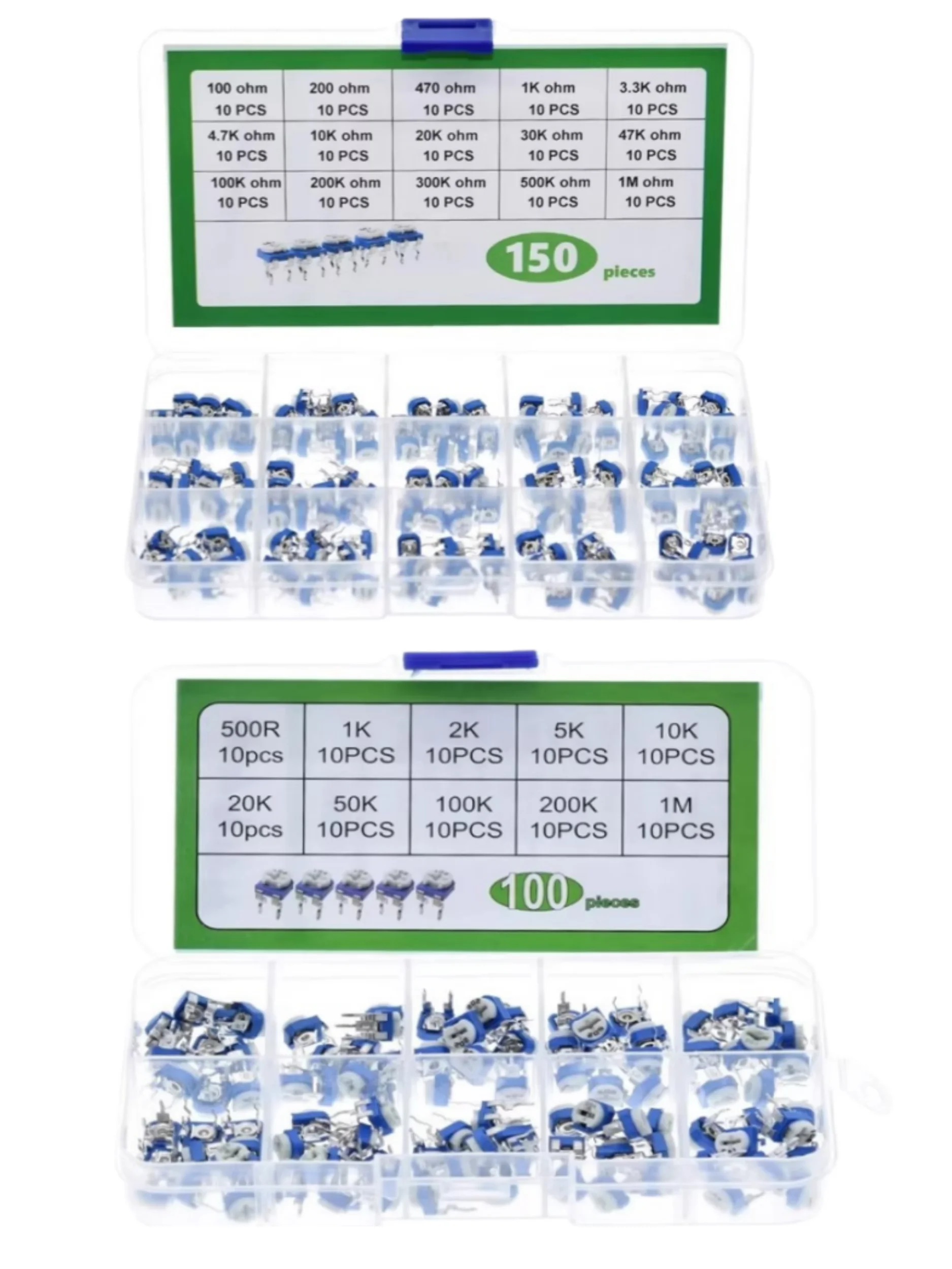 100/150 Stück RM065 blau-weißer einstellbarer Widerstand im Box-Set 1K 10K 100K – Detail 2
