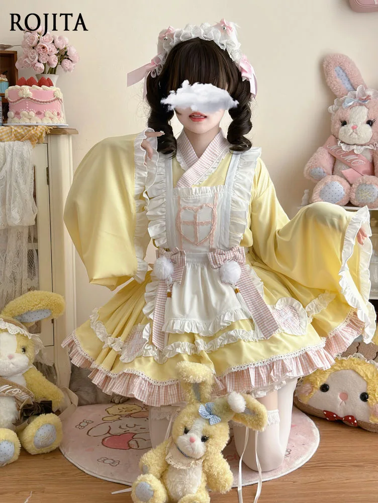 

Yellow Lolita Spring Summer Maid Outfit Cute Short Skirt Set Lolita Japanese Style Sweet Top + Skirt + Apron + Bow