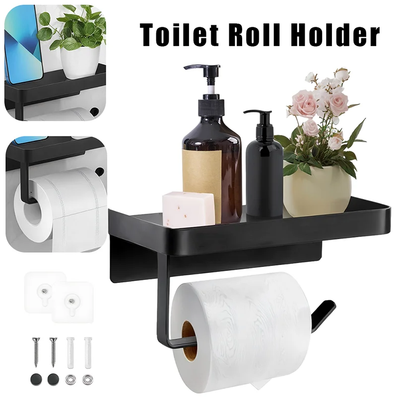 Toilet Roll Holder with Shelf Wall-Mounted Toilet Paper Holder Self Adhesive Toilet Organizer Phone Stand Bathroom Accessories