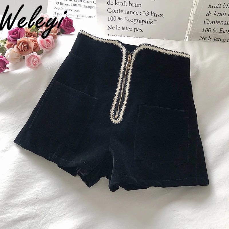 

Autumn Korean Style Contrasting Color Zipper Shorts Woman Trendy Temperament Office Slim-fitting High-waisted Wide-leg Hot Pants