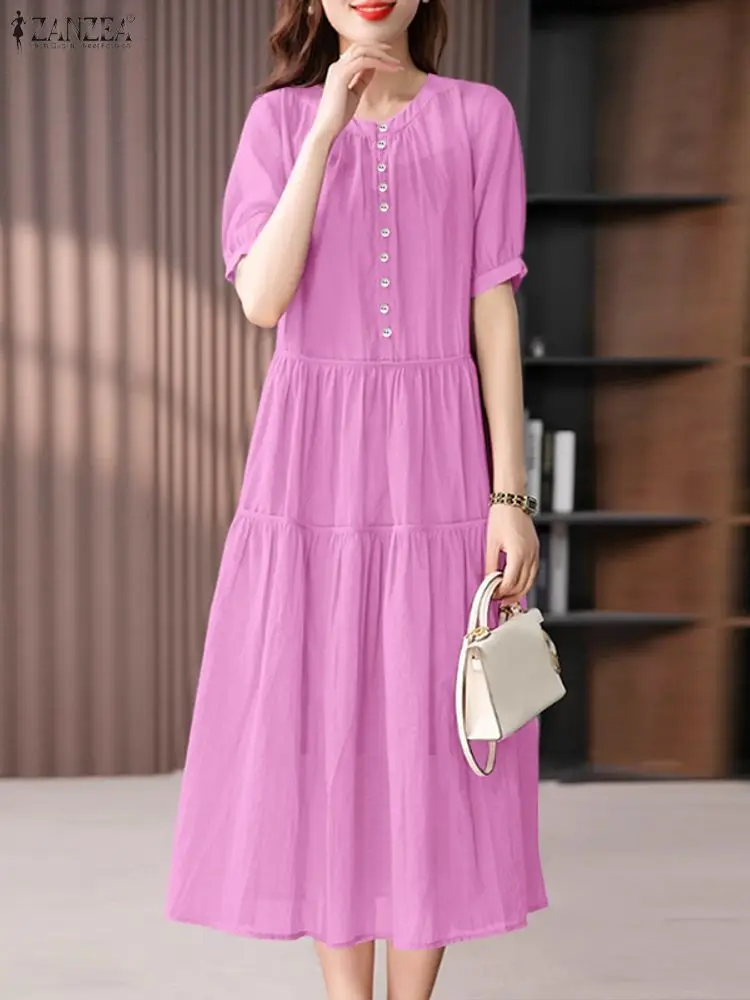Zanzea 2026 verão vestido de verão elegante feminino manga curta ol vestidos de trabalho sólido vestido plissado casual o pescoço botão para baixo midi robe