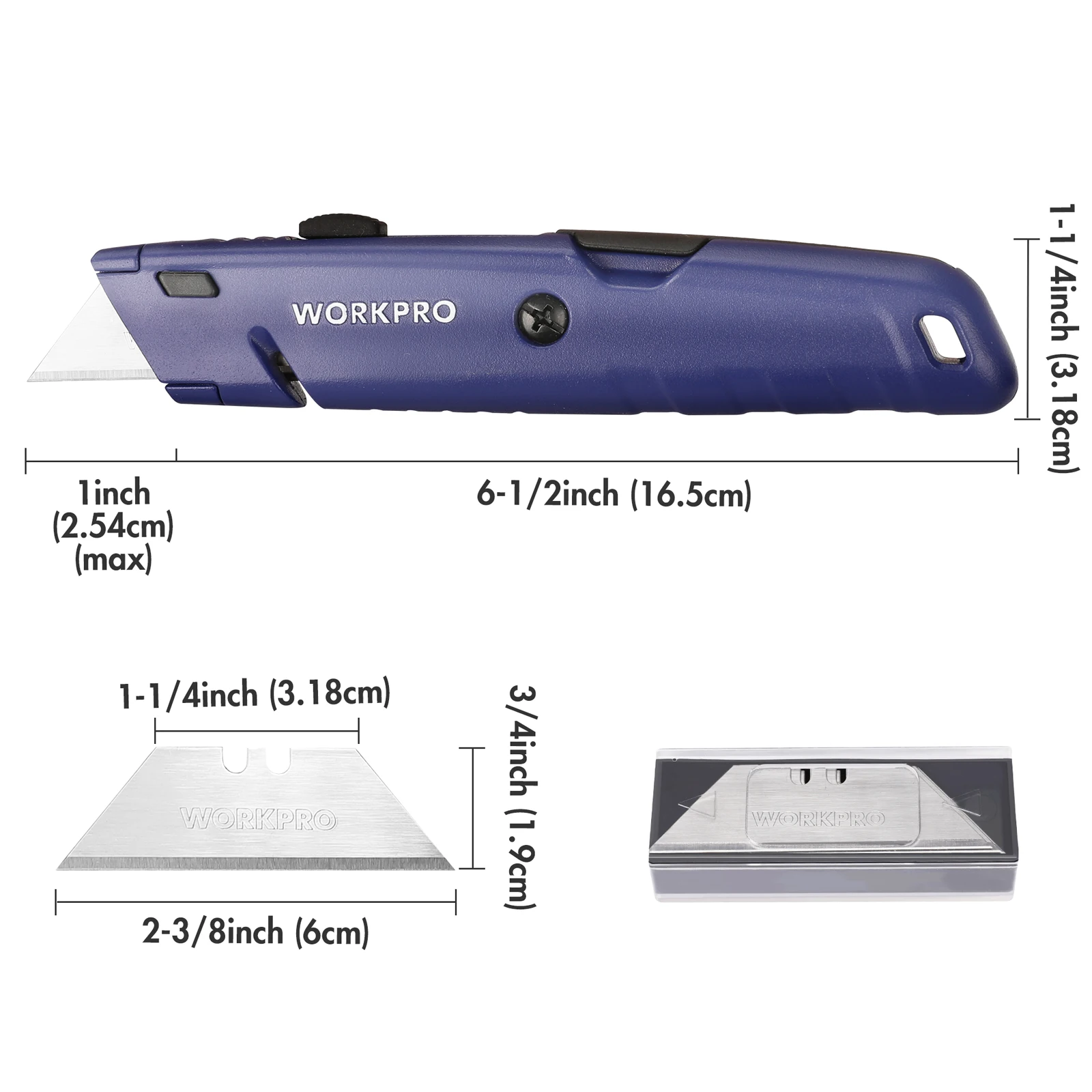 Coltello multiuso a cambio rapido WORKPRO con taglierina a scatola retrattile blu di stoccaggio 10 pezzi SK5 lame Extra incluse