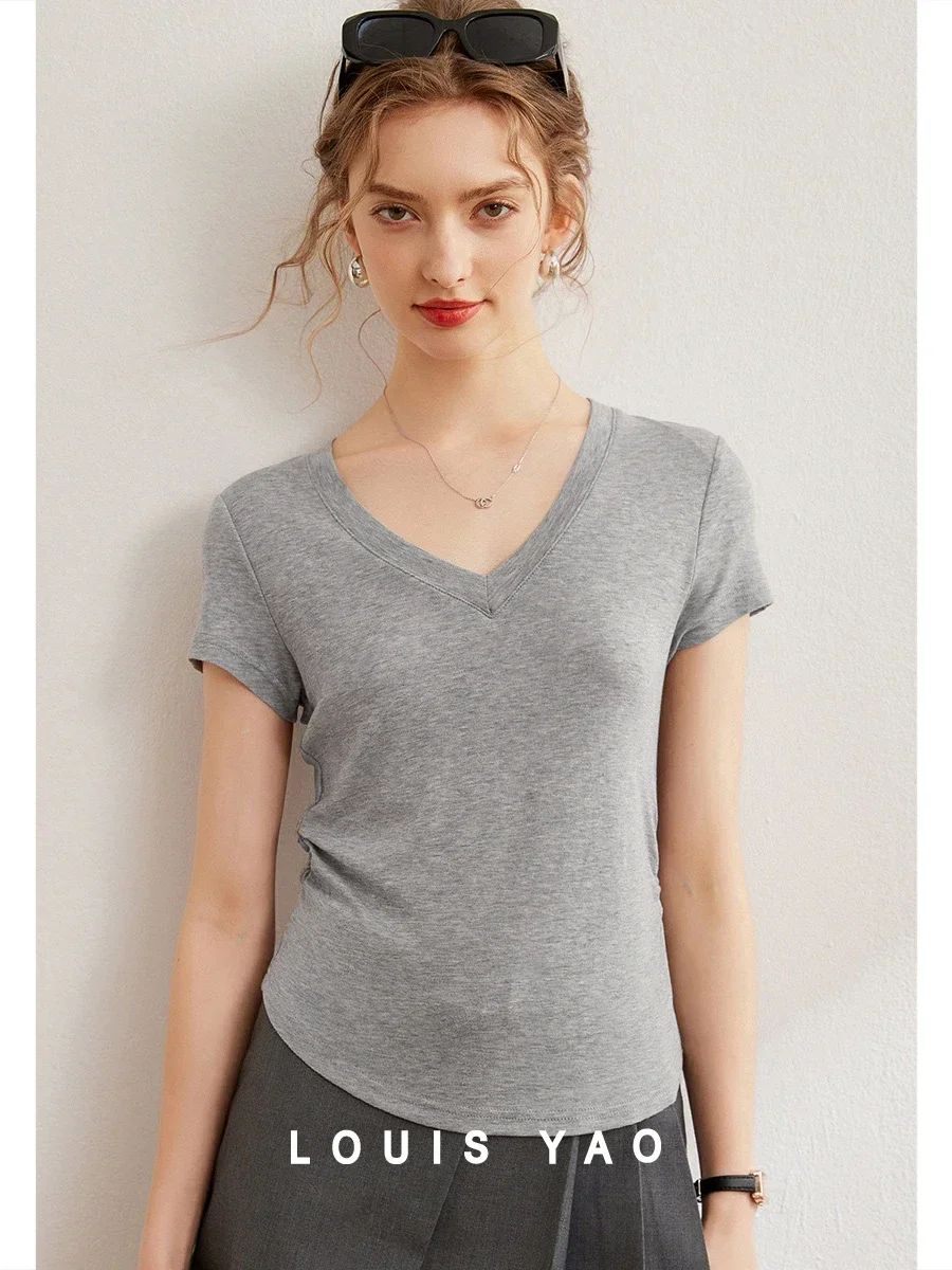 

LOUIS YAO Women T-shirt 2024 Summer Solid Color Tee V Neck Short Sleeve Casual Basic Pullover Top