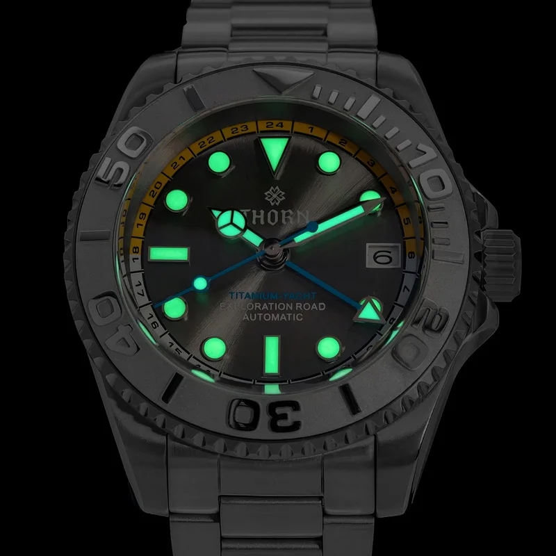 THORN Men Automatic Watch GMT Mechanical Wristwatch Titanium Diver 30Bar Waterproof Luminous Sapphire NH34 Helium Exhaust Valve