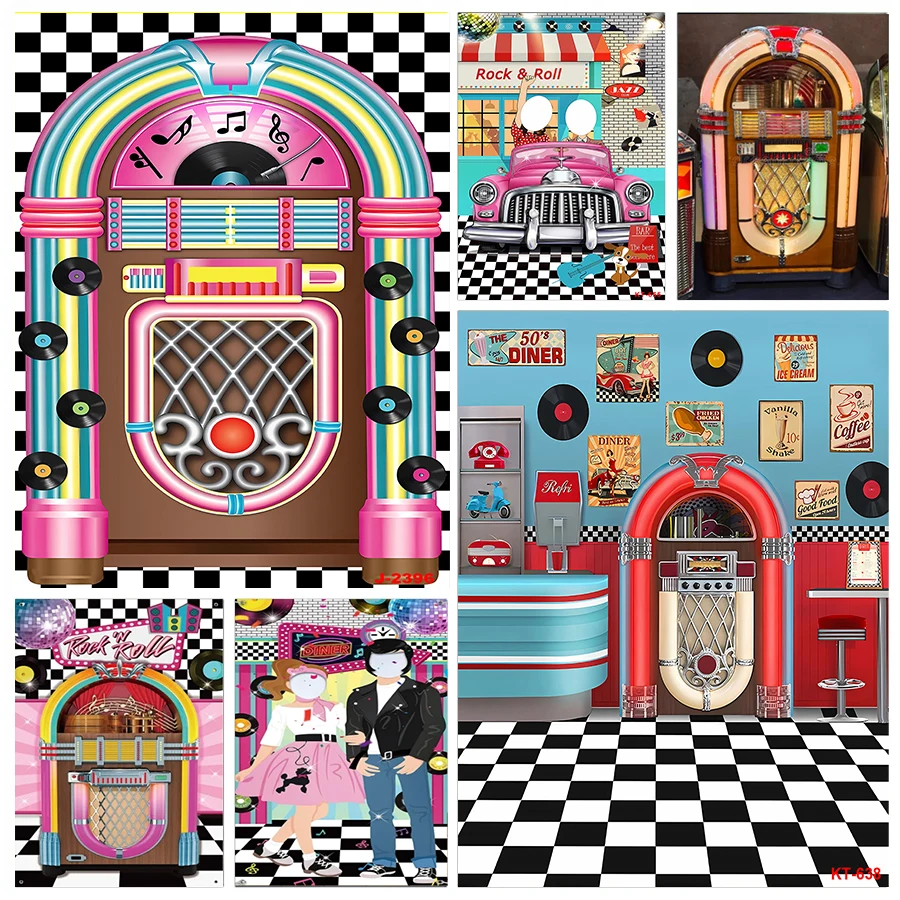 Photography Backdrop Juke Box Cutout Rock 'n Roll Door Cover for 1950's Theme Birthday Mystery Party Background Banner