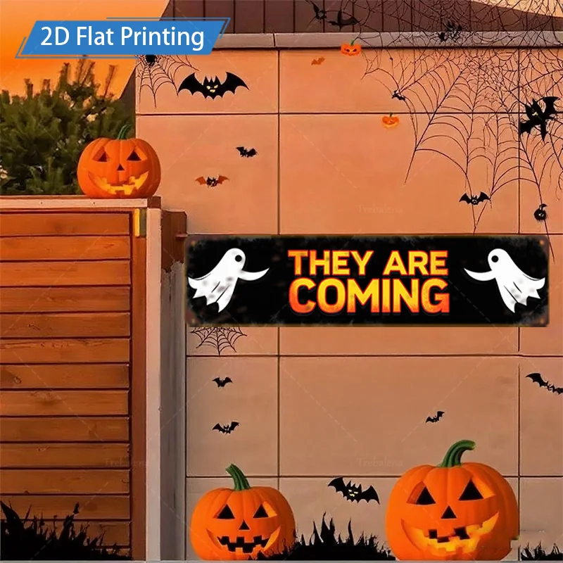 1pc 금속 간판, 4x16인치 할로윈 "THEY ARE COMING" 유령 호박 간판, 2D 평면 인쇄 장식