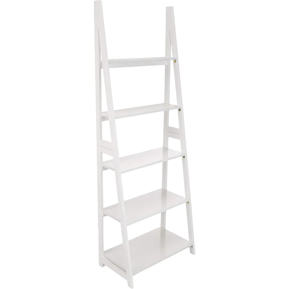 Modern 5-Tier Ladder Bookshelf Organizer, Solid Rubberwood Frame, White, 14 D x 24.8 W x 70.1 H in Bookcases