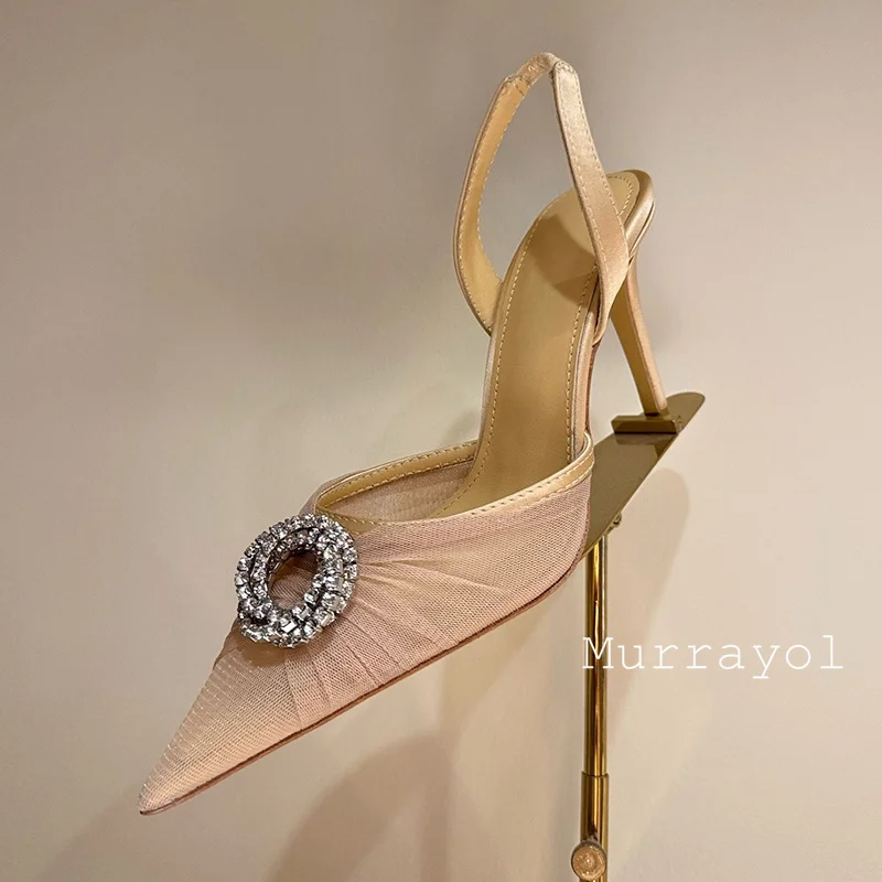 الدانتيل شبكة أشار تو مغلقة اصبع القدم الصنادل النساء حجر الراين ديكور مثير رقيقة عالية الكعب Sandalias الصيف فستان الحفلات الأحذية