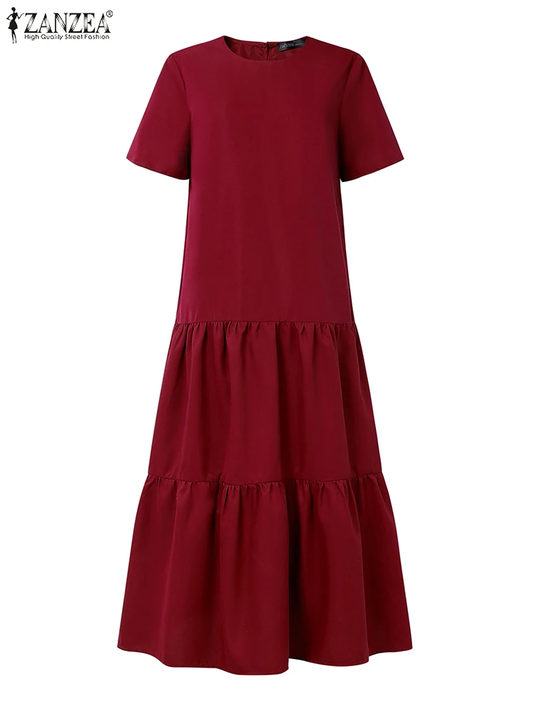 Zanzea manga curta casual sólido vestidos de férias o pescoço moda feminina em camadas maxi vestidos 2025 verão a linha robes femme