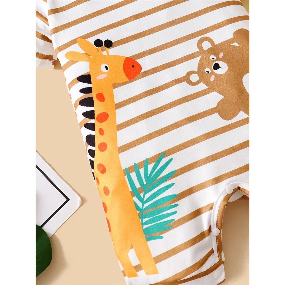 3-24Months Newborn Baby Boy Girl Cute Animal Pattern Romper with Hat Striped Short Sleeve Jumpsuit 2Pcs Clothing Suit