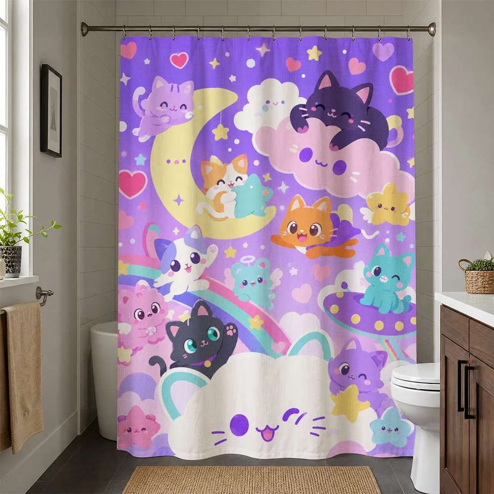 Cute Kawaii Cartoon Animals Rainbow Moon Shower Curtain Bathroom Decor Fun Kids Nursery Shower Curtain