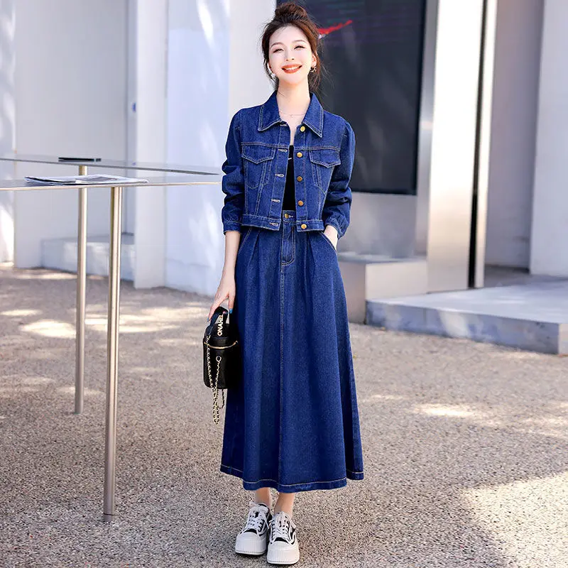 Women Blue Denim Skirt Sets Spring Autumn Casual Short Jeans Jacket + Elastic High Waist Skirt Two-Piece Set Ladies Elegant Suit