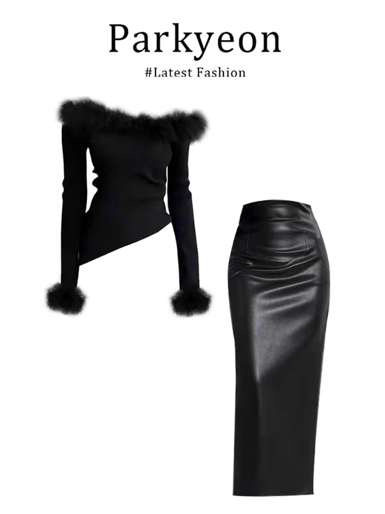

Parkyeon Black Faux Fur Collar Slim Fit Base Shirt High Waist Skirt Set Women's Fashion Spring Collection Turtleneck Lon...