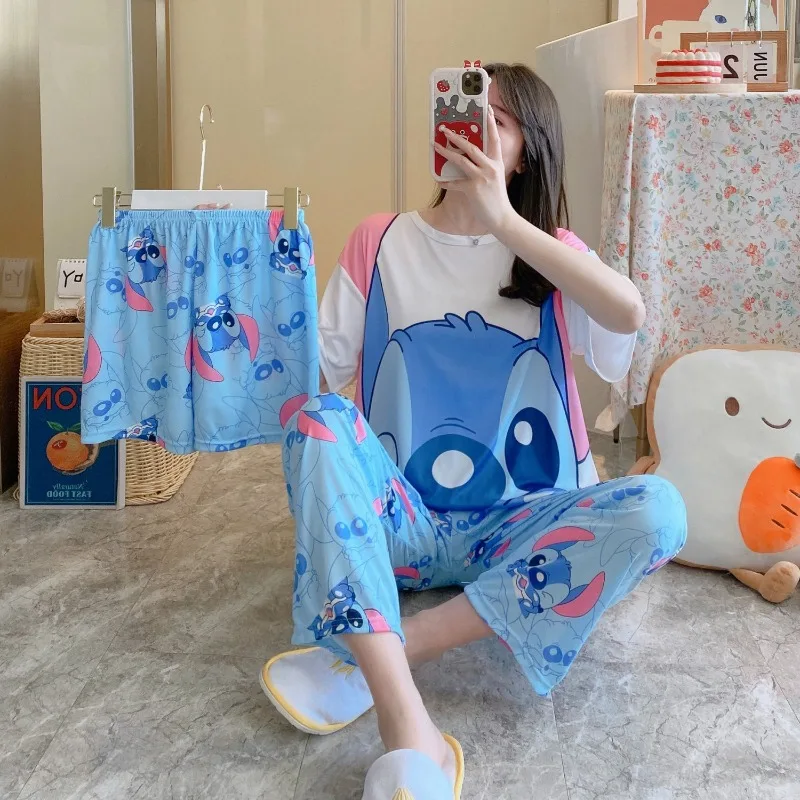 بدلة بيجامة ديزني ليلو وستيتش مكونة من ثلاث قطع وإكسسوارات شخصيات كرتونية بدلة بيجامة منزلية مريحة للفتيات كاواي