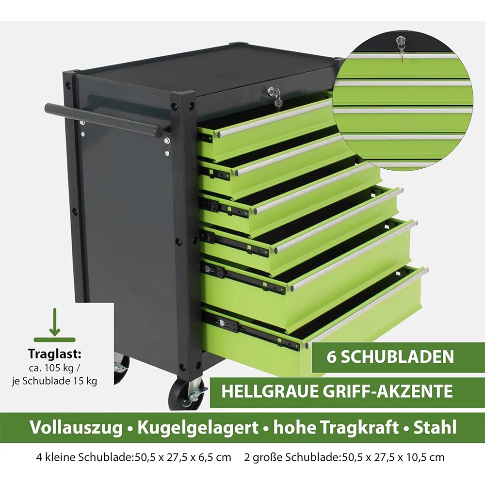 Green And Black 6-Drawer Rolling Tool Chest With Lock&Keys And Swivel Casters,Tool Chest