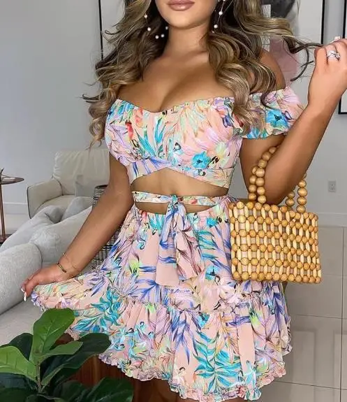 Women's Elegant suits 2024 Spring/Summer Latest Temperament V-shaped Collar Sleeveness Sweet Pink Flower Print Lace Up Set Skirt