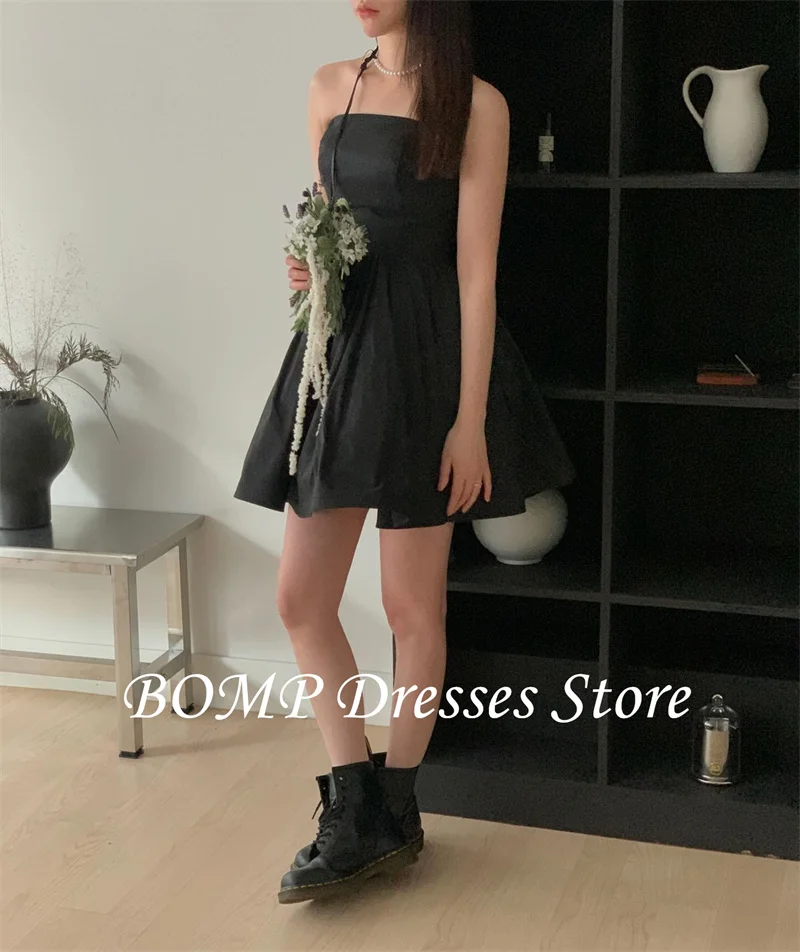 BOMP-Mini vestidos de fiesta negros simples con Bolero de tul, tafetán sin tirantes, sesión de fotos de boda de Corea, vestido con corsé en la espalda personalizado