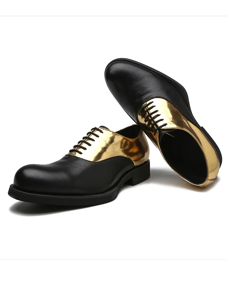 

Fashion 2024 Genuine Leather Men's Business Dress New Men's Shoes Gold Black Contrast Leather Shoes