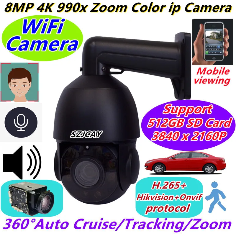 SZJCAY 4K 8MP 60X Optical Zoom outdoor high speed dome ptz WiFi Camera Tracking,Hikvision4200 POE Surveillance Camera 990X Zoom
