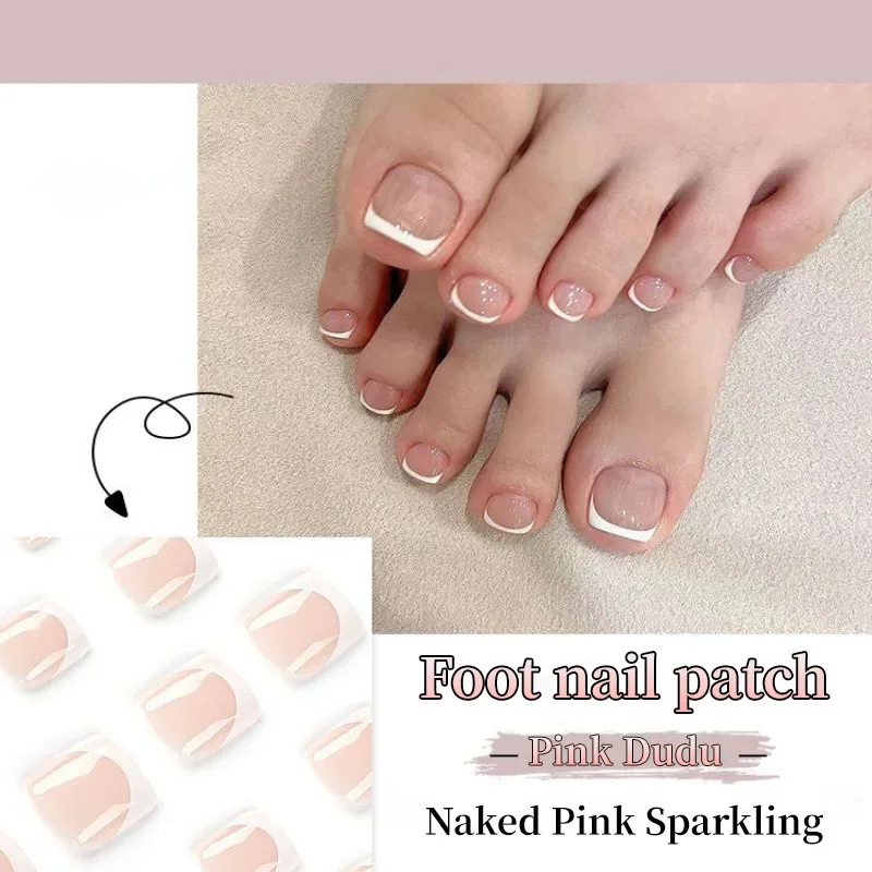 Parche de Arte de uñas postizas, purpurina Simple, borde blanco, uñas de los pies francesas, pieza de Uñas postizas, puro deseo, viento corto, uñas portátiles extraíbles