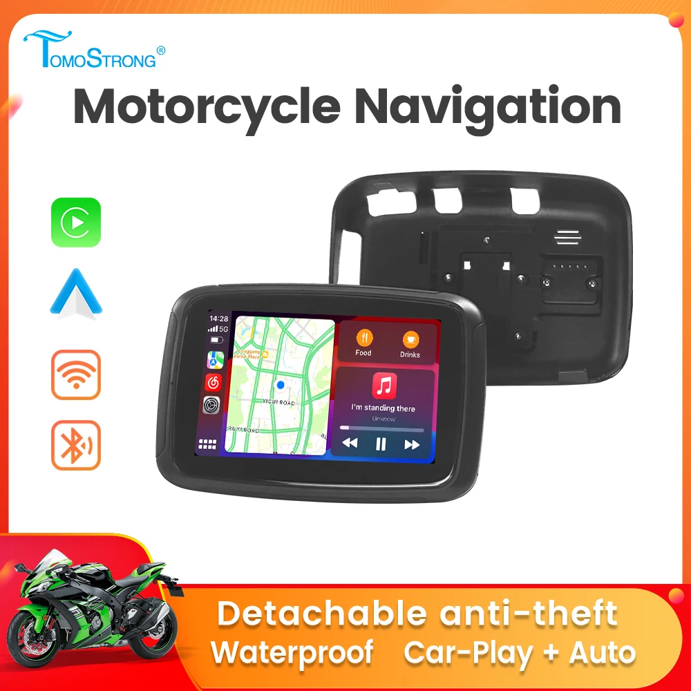 TomoStrong 5 بوصة دراجة نارية محمولة MP5 GPS والملاحة عرض IPX7 مقاوم للماء واقية من الشمس اللاسلكية Carplay Moto Android Auto