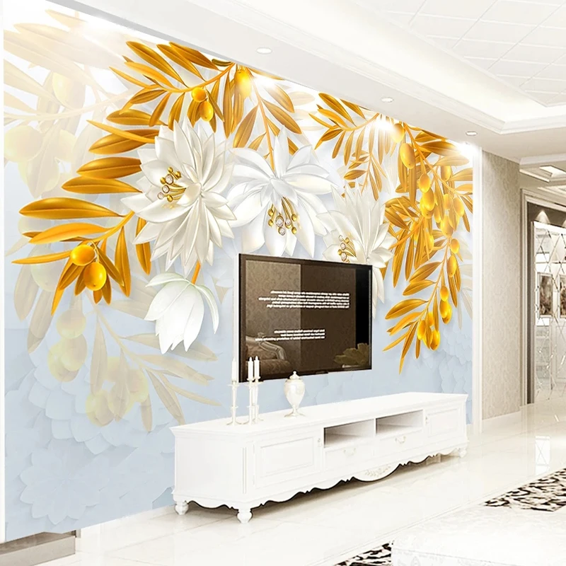 Modern Creative 3D Embossed Flowers Golden Leaves Fresco Wall Cloth Wallpaper Living Room TV Sofa Background Wall Decor 3D Mural