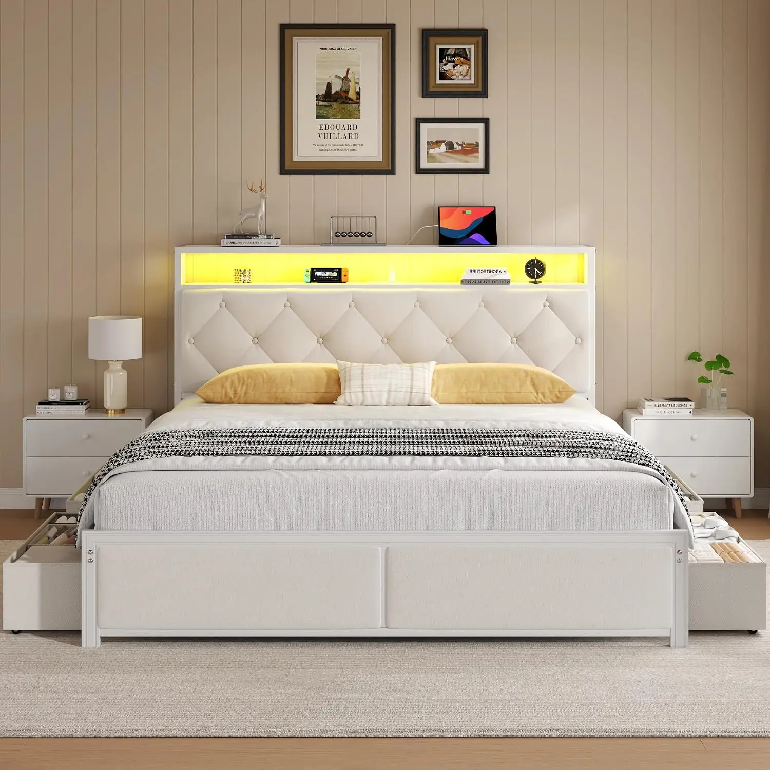 Queen Bed Frame with Headboard, Storage Drawers, Fast Charging Station, Led Lights, Bed Frame Queen Size, Customized