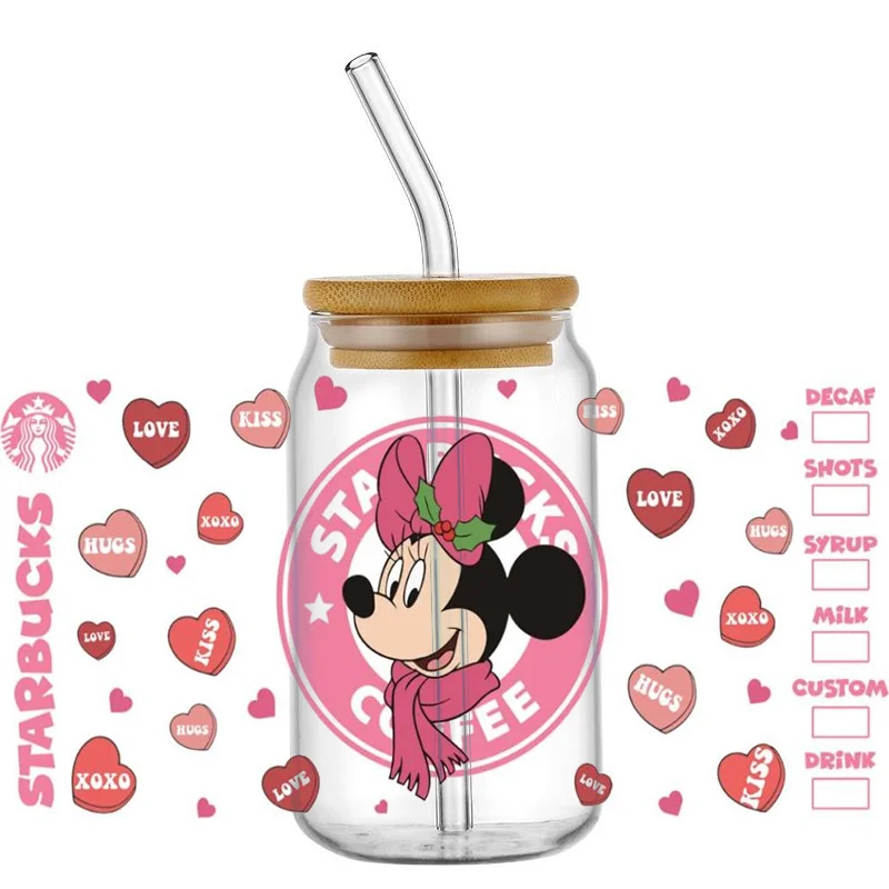 Miniso 3D UV DTF Transfers Sticker Mickey and Minnie Decal Cup Wrap for 16oz Libbey Glasses DIY Washable Mug Sticker