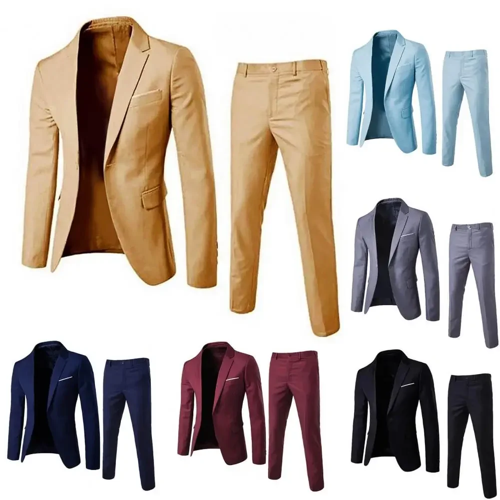 1 Set Men Blazer Pants Set Solid Color Long Sleeve Slim Fit Turndown Collar Temperament One Button Pockets Suit Set Male Clothes