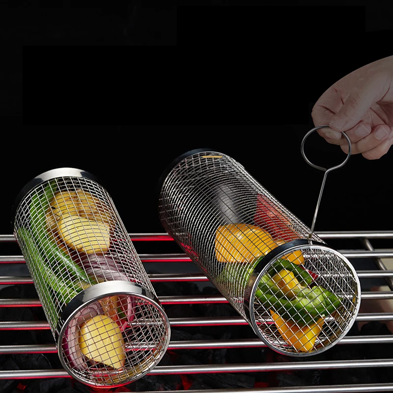 Round BBQ Basket Stainless Steel Rolling Grilling Basket Wire Mesh Cylinder Grill Basket Portable Outdoor Camping Barbecue Rack