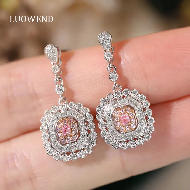 

LUOWEND 18K White Gold Earrings Luxury Romantic Lace Design Real Natural Pink Diamond Drop Earrings for Women Senior Banquet