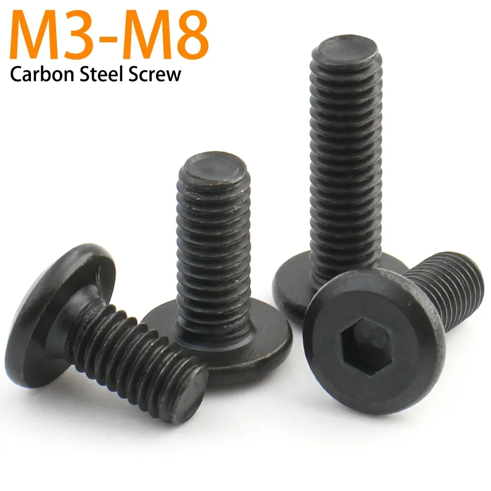 10pcs M3 M4 M5 M6 M8 Black Carbon Steel Large Flat Hex Hexagon Socket Allen Screw Furniture Screw Connector Joint Bolt
