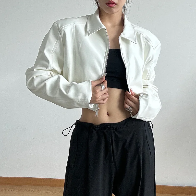 Vintage Women's Cropped Faux Leather Jacket Stand Collar Balloon Sleeve Biker Style PU Leather Coat Streetwear Fashion Outfit