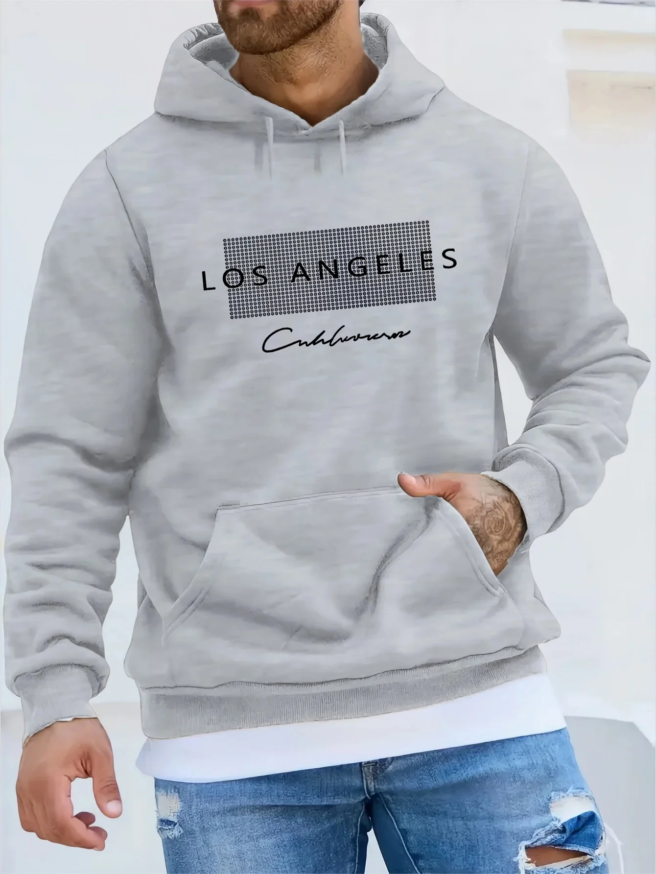 Men\'s autumn and winter fashionable casual loose Los Angeles pattern printed fleece pullover long sleeved hooded sweatshirt