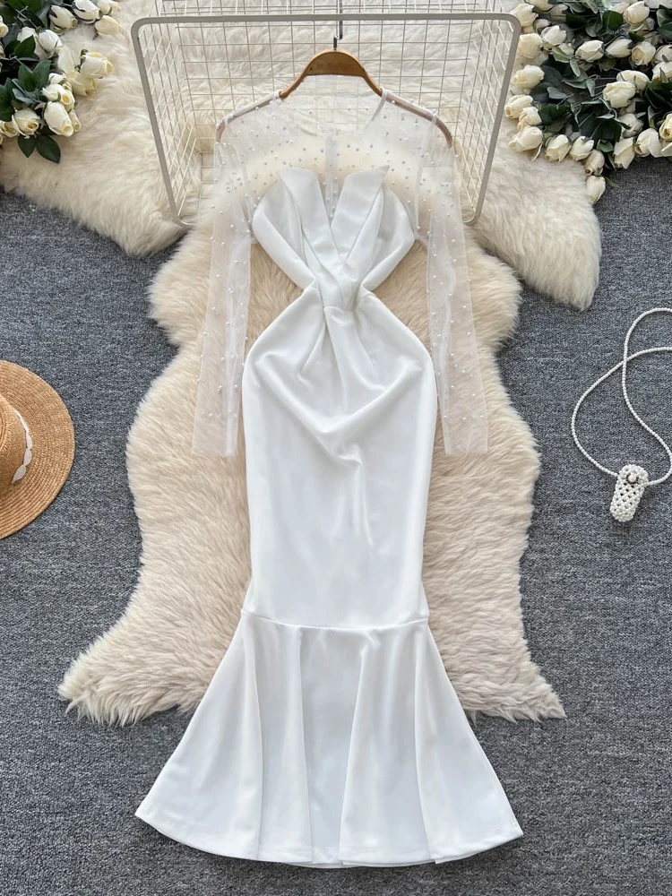 Ele Robe de soirée blanche Femme Faion Embelli Longue Sve Me Wrap Taille Fi Tail Moulante Dr Taille haute A-Line...