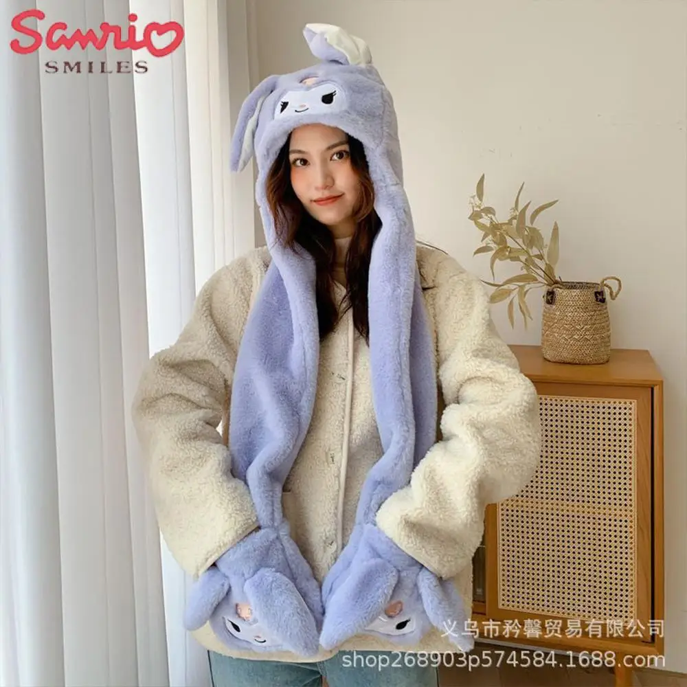 Topi, Syal, dan Sarung Tangan Boneka Cinnamoroll dengan Telinga Bergerak, Sanrio Kawaii Kuromi, Musim Dingin, Tebal, Lucu, Hangat, Hadiah untuk Pacar, Festival