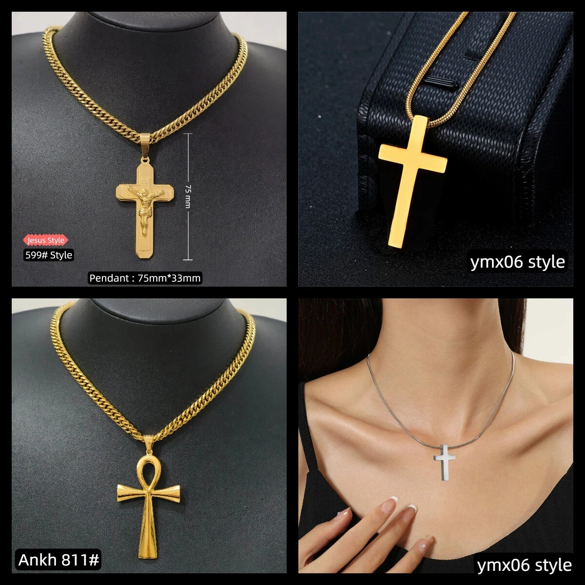 Religiöse Große und Kleine Jesus-Kreuz-Anhänger Silber- und Goldfarben Edelstahl Kubanische Kette Christliche Halsketten für Frauen und Männer Schmuck