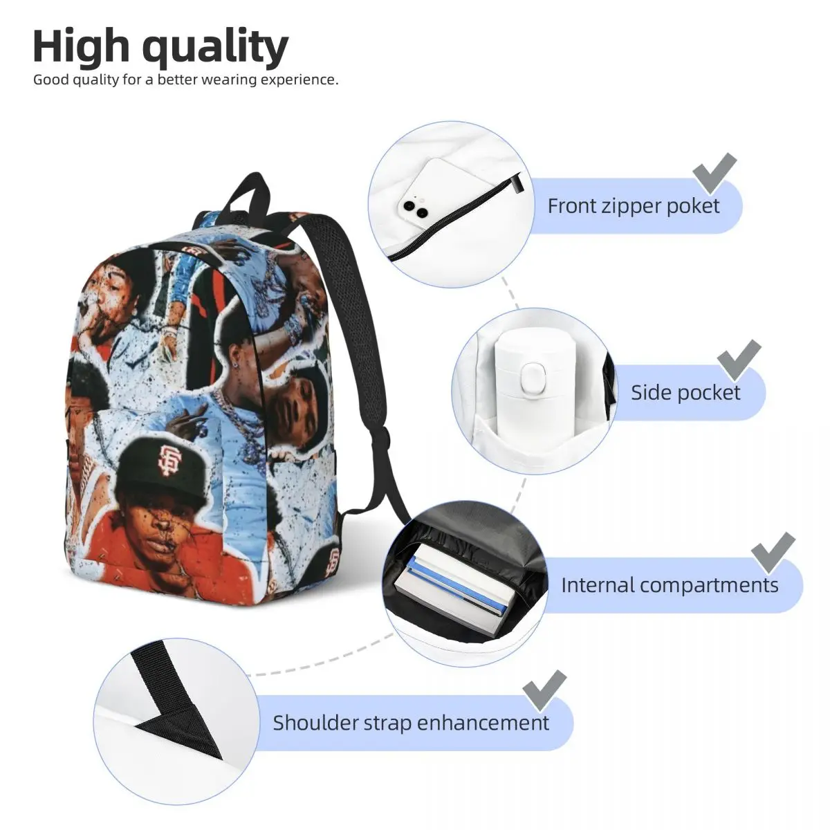 Lil Baby Backpack for Men Women Fashion Student Hiking Travel Daypack Hip Hop Singer Laptop Computer Canvas Bags with Pocket