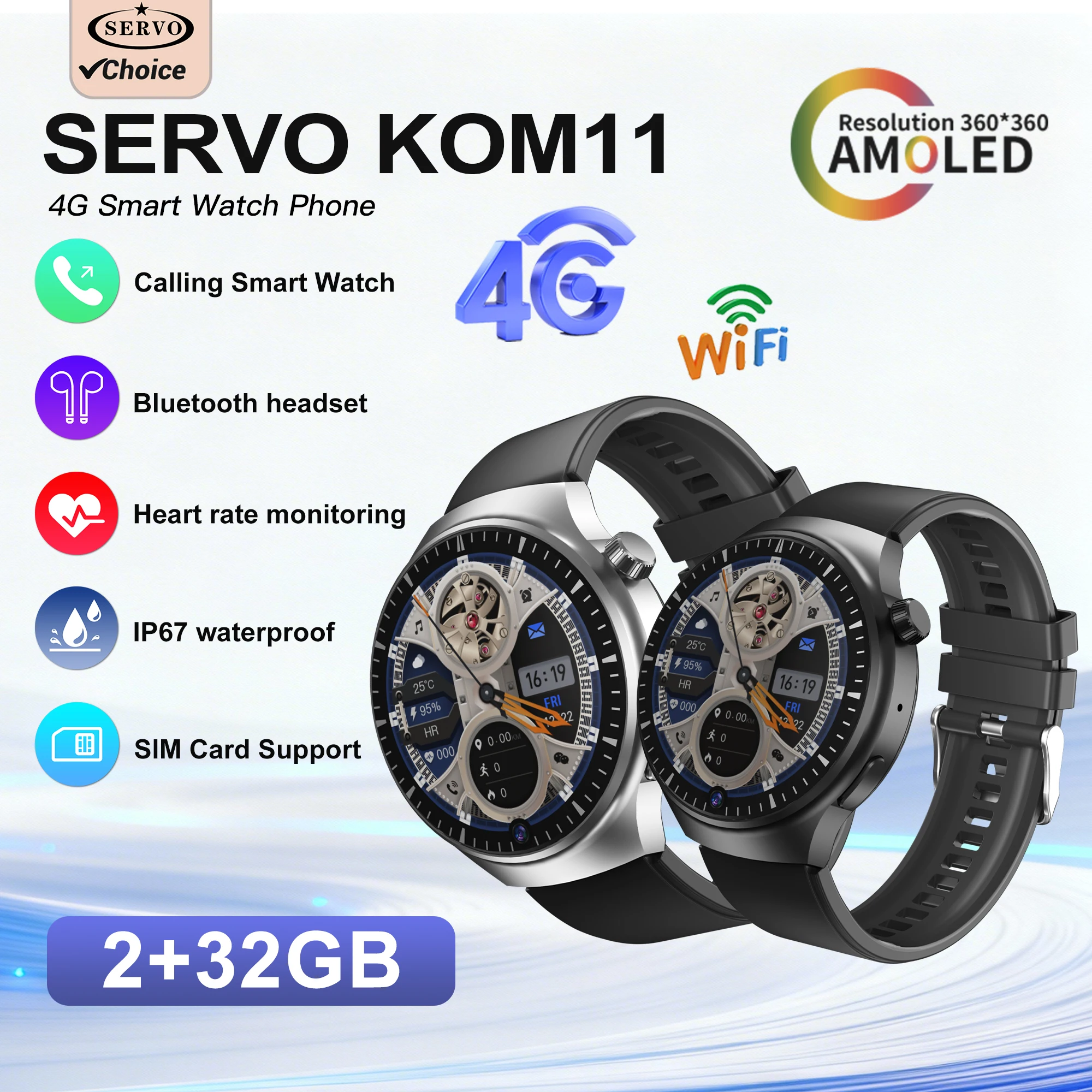 SERVO KOM11 Smart Watch 4G LTE Android OS GPS Navigation Heart Rate Monitoring 32GB ROM Music Video Waterproof Smartwatch Phones