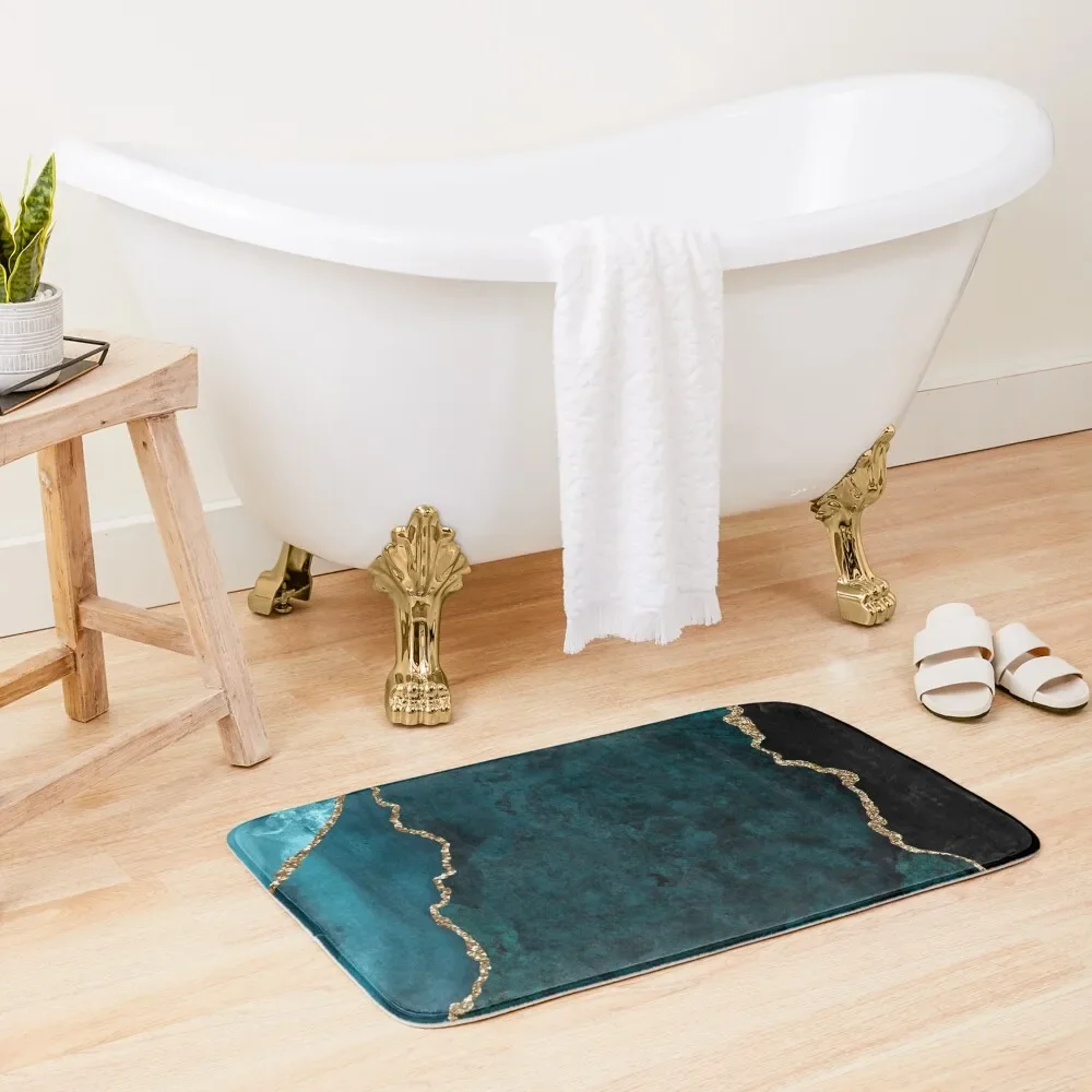 

Watercolor Agate in Teal Green and Turquoise with Glitter Veins Bath Mat Front Door Entrance Doormat Mat