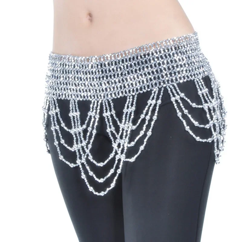 Women Tassel Hip Scarf Belly Dance Elastic Wrapped Belt with Gold/silver Beaded Fringes