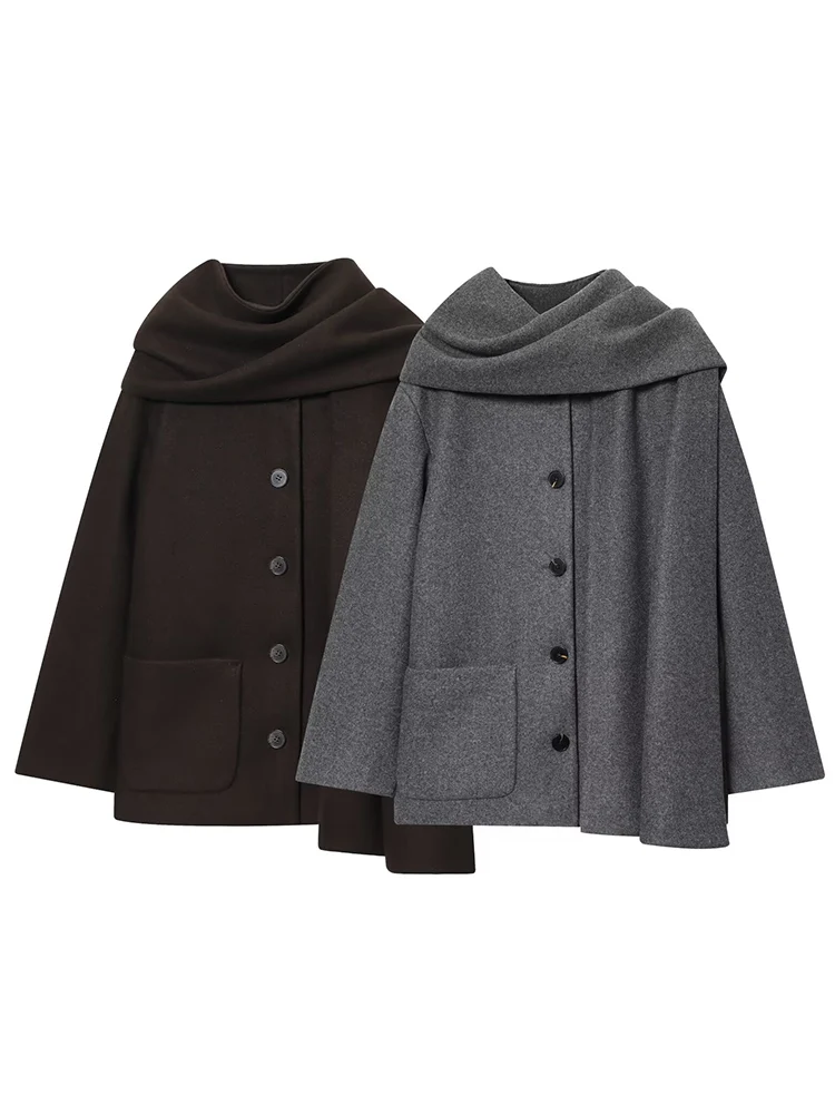 

Elegant Autumn New Women Fashion Wool Coats Leisure Simple Long Sleeve Scarf Collar Loose Jackets Lady Winter Warm Outerwear