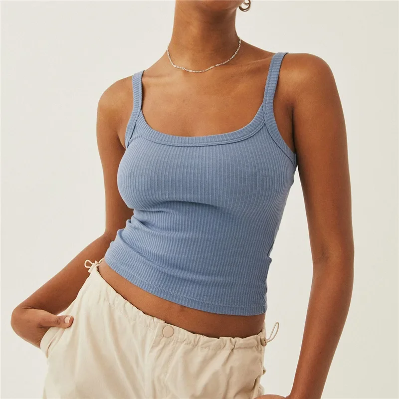 

Women Sleeveless Solid Color Ribbed Knit Tank Crop Top Sexy Spaghetti Strap Scoop Neck Slim Fit Tee Shirt Y2K Streetwear