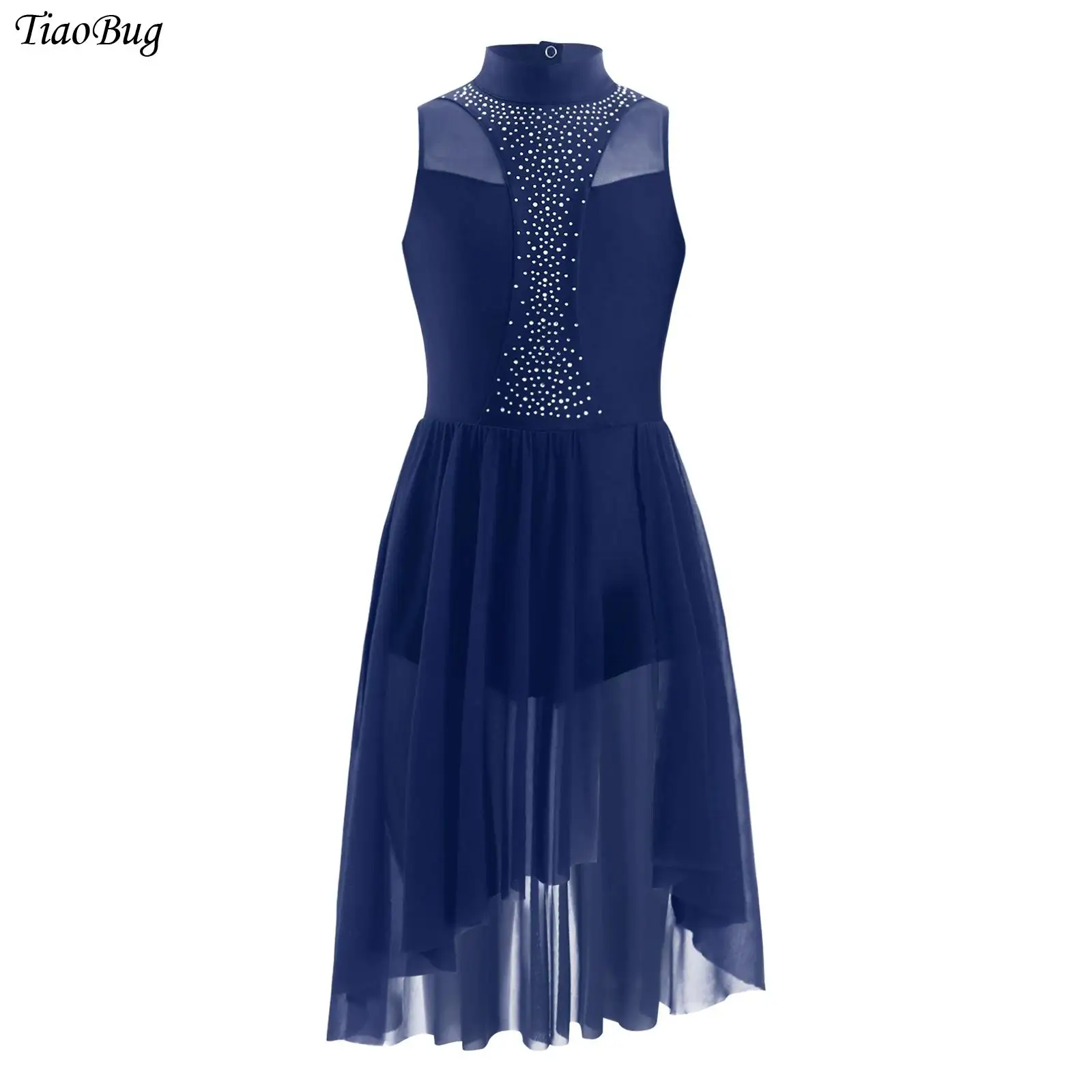 Girls Modern Lyrical Dance Dress Rhinestone Figure Skating Leotard Dress Sleeveless Mesh Gymnastic Ballet Contemporary Dancewear
