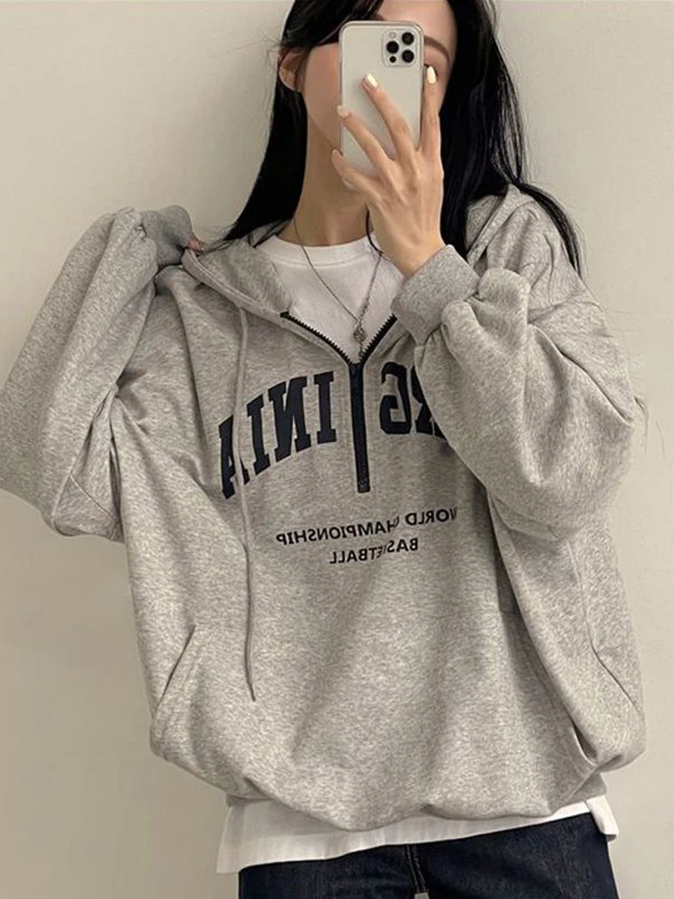 

2024 Autumn Casual Long Sleeve Women Hoodies Korea Style Zipper Up Woman Pullover Letter Printing Female Clothing Sweatshirt