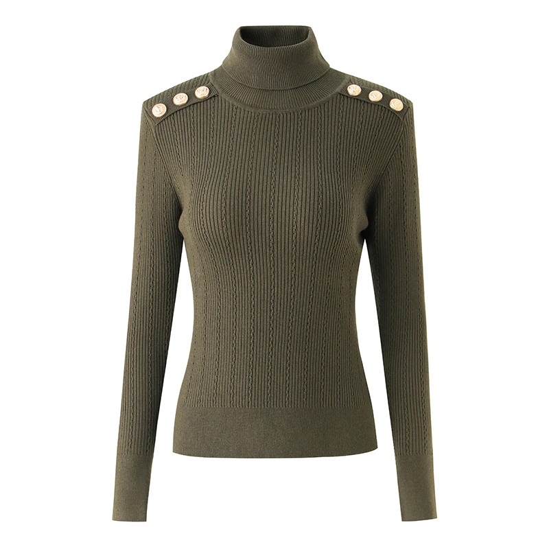 Minimalist 2024 Early Spring Turtleneck Pullovers Women\'s Skinny Solid Sweater Army Green Lion Head Buckle Casual Fashion Tops